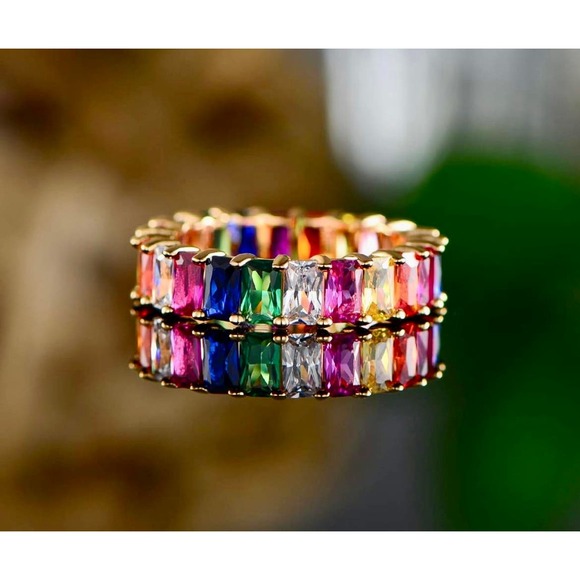 New 18K Gold Plated Emerald-Cut Rainbow Created-Gemstone Eternity Ring sz5-10 - Picture 1 of 4